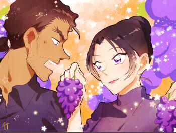 Rule 34 | 1boy, 1girl, blush, closed mouth, collared shirt, czech gana, eye contact, facial hair, food, fruit, fruit background, grapes, hair bun, holding, holding food, holding fruit, lone nape hair, looking at another, meitantei conan, open mouth, orange background, portrait, purple shirt, purple sweater, shirt, short hair, smile, star (symbol), stubble, sweater, teeth, uehara yui, upper teeth only, yamato kansuke