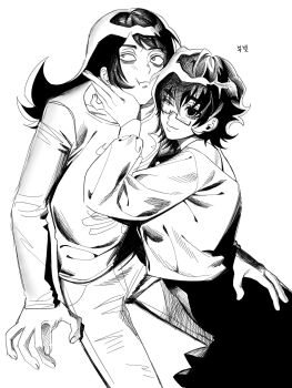 1boy 1girl abaddon_(haunted_hotel) aged_up cowboy_shot fearconnoisseur glasses greyscale hand_on_another&#039;s_face haunted_hotel highres long_hair monochrome one_eye_closed short_hair simple_background skeleton_print white_background