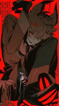 2boys alastor_(hazbin_hotel) blue_suit demon_boy formal_clothes highres looking_at_another lucifer_morningstar_(hazbin_hotel) multiple_boys nongmin red_eyes red_hair red_suit sharp_teeth slit_pupils suit teeth vox_(hazbin_hotel)