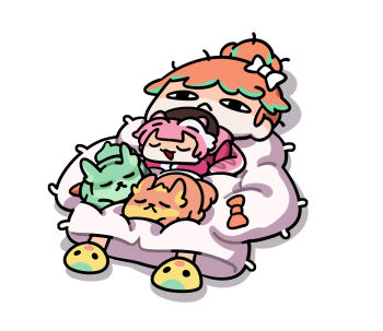 2girls :&lt; animal_ears aqua_hair beret cat_loaf chonkers_(takanashi_kiara) closed_mouth commentary hair_bun hat highres hololive hololive_english jacket keenbiscuit lying multicolored_hair multiple_girls on_back orange_hair panther_ears panther_tail pink_hat raora_panthera raora_panthera_(1st_costume) sleeping slippers smoothie_(takanashi_kiara) streaked_hair symbol-only_commentary tail takanashi_kiara takanashi_kiara_(cozy) virtual_youtuber white_hair