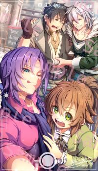 2boys 2girls angelica_rogner artist_name black_hair brown_hair coat commentary_request crow_armbrust eiyuu_densetsu george_nome green_coat green_eyes green_jacket grey_coat grey_hair jacket multiple_boys multiple_girls naughty_face one_eye_closed open_mouth purple_hair purple_shirt selfie sen_no_kiseki_(series) sen_no_kiseki_i shirt smile tinybiard towa_herschel