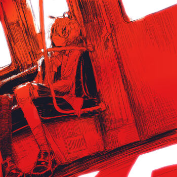 1girl agnes_tachyon_(umamusume) bandaged_foot bandages bow bowtie closed_mouth coat hair_between_eyes highres injury lab_coat long_sleeves on_bench open_clothes open_coat pleated_skirt red_theme sailor_collar school_uniform shirt shoes short_hair sitting skirt solo tracen_school_uniform train_interior umamusume yama_(hdvz4458)