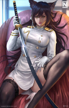 1girl aiguillette animal_ears atago_(azur_lane) azur_lane black_hair black_thighhighs breasts brown_eyes brown_hair buttons closed_mouth double-breasted garter_straps glint gloves hair_between_eyes high_heels highres holding holding_sword holding_weapon lace large_breasts long_hair military military_uniform miniskirt multicolored_hair nopeys red_lips ribbon sheath shine side_slit sitting skirt swept_bangs sword thighhighs thighs weapon white_gloves white_ribbon white_skirt