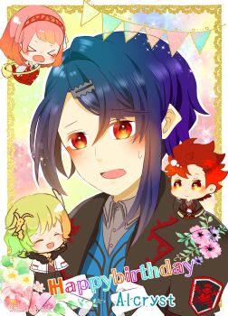 Rule 34 | 2boys, 2girls, alcryst (fire emblem), blonde hair, blue hair, character name, citrinne (fire emblem), closed eyes, diamant (fire emblem), earrings, fire emblem, fire emblem engage, h u sss, hair ornament, hairband, hairclip, happy birthday, highres, hoop earrings, jewelry, lapis (fire emblem), multiple boys, multiple girls, nintendo, open mouth, pink hair, red eyes, red hair