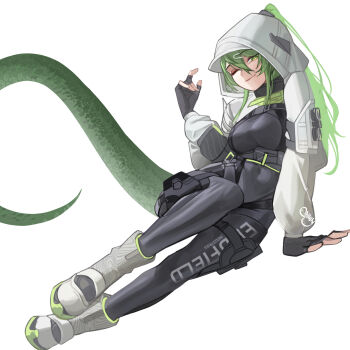1girl arknights arknights:_endfield black_bodysuit black_gloves bodysuit commentary crocodile_girl crocodilian_tail english_commentary fingerless_gloves fluorite_(arknights) gloves green_eyes green_hair hair_between_eyes high_ponytail highres hood hoodie long_hair looking_at_viewer lying on_side one_eye_closed ponytail simple_background solo szei tail white_background white_hoodie