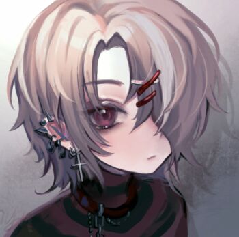 1boy brown_eyes brown_shirt closed_mouth cloud_(lufaeris) commentary cross cross_earrings ear_piercing earrings english_commentary grey_hair hair_ornament hair_over_one_eye highres jewelry looking_at_viewer male_focus multiple_piercings one_eye_covered original parted_bangs piercing portrait shirt short_hair solo striped_clothes striped_shirt x_hair_ornament