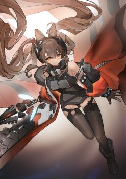 1girl absurdres andersonalac angelina_(arknights) animal_ear_fluff animal_ears arknights black_dress black_footwear black_thighhighs breasts brown_hair chinese_commentary closed_mouth commentary_request dress drill_hair fox_ears fox_girl full_body gilberta_(arknights) highres holding holding_staff jacket large_breasts long_hair looking_at_viewer off_shoulder red_eyes red_jacket single_bare_shoulder solo staff thighhighs twintails