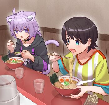 Rule 34 | 2girls, ahoge, animal ears, black hoodie, blue eyes, brown hair, cat ears, cat girl, cat tail, chopsticks, commentary request, food, highres, holding, holding chopsticks, hololive, hood, hoodie, looking at viewer, morotade kudou, multiple girls, nekomata okayu, nekomata okayu (1st costume), noodles, oozora subaru, oozora subaru (1st costume), open mouth, purple eyes, purple hair, ramen, shirt, short hair, tail, virtual youtuber, yellow shirt