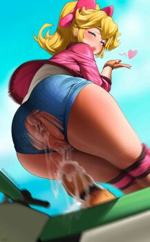 1girl absurdres anus ass blonde_hair blowing_kiss blue_eyes blue_shorts blue_sky bow cum cum_in_ass cum_in_pussy cumdrip dildo fingerless_gloves from_below gloves hair_bow heart highres jacket lips mario_(series) mario_kart mario_kart_world motor_vehicle mounted_dildo nintendo pink_bow pink_jacket ponytail princess_peach princess_peach_(touring) pussy scooter sex_toy shirt shorts sky slush5244 solo torn_clothes torn_shorts uncensored white_shirt