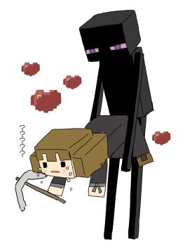 1boy 1girl ? absurdres brown_hair crying crying_with_eyes_open doggystyle double_bun enderman hair_bun heart height_difference highres holding holding_pickaxe ikuta_semi implied_sex minecraft minecraft_pickaxe pickaxe purple_eyes sex_from_behind simple_background sketch tears white_background