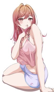 1girl ahoge bare_shoulders bra breasts earrings finger_to_mouth ft_erzalove hair_ornament hairclip highres hip_bones hololive hololive_dev_is ichijou_ririka ichijou_ririka_(1st_costume) jewelry large_breasts long_hair looking_at_viewer nail_polish navel orange_eyes orange_hair pink_shirt ring see-through_clothes shirt short_shorts shorts simple_background sleeveless sleeveless_shirt solo underwear virtual_youtuber white_background