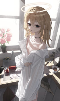 1girl absurdres ashal_(mansu) bags_under_eyes bare_shoulders black_eyes black_wings blonde_hair breasts broken_halo broken_phone can cellphone cigarette coffee_mug commentary_request counter cowboy_shot cup electrical_outlet empty_eyes expressionless feathered_wings flower_pot hair_between_eyes halo highres indoors kitchen knife long_shirt long_sleeves looking_at_viewer low_wings mansu_(mansu113355) medium_hair mug naked_shirt original oversized_clothes oversized_shirt paid_reward_available phone plate shirt sink sleeves_past_wrists small_breasts smartphone smoke smoking solo white_shirt wings