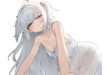 1girl absurdres ahoge all_fours artist_request bare_shoulders bow closed_mouth commission dress hair_bow highres long_hair looking_at_viewer original pink_bow pink_eyes second-party_source see-through_clothes see-through_dress simple_background sleeveless sleeveless_dress smile solo strap_slip white_background white_dress white_hair