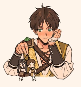 Rule 34 | 1boy, bandaged hand, bandages, black hair, blush, brown hair, brown vest, character doll, commentary request, cropped torso, doll, earrings, eren yeager, green eyes, hair between eyes, hairband, head on hand, highres, jewelry, long hair, male focus, mikasa ackerman, sabitoduuu, shingeki no kyojin, shirt, short hair, smile, upper body, vest, white background, white shirt