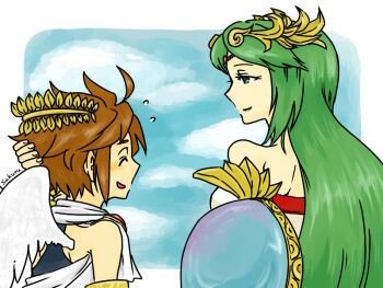 1boy 1girl ahoge angel angel_wings arm_behind_head blush closed_eyes from_behind green_eyes green_hair kid_icarus laurel_crown looking_at_another maaruutaa0 nintendo palutena pit_(kid_icarus) scarf shield smile white_scarf wings