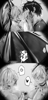 1boy 2girls breasts comic cooperative_handjob demon_girl demon_wings fate/grand_order fate_(series) ffm_threesome french_kiss fujimaru_ritsuka_(male) greyscale group_sex handjob hands_on_another&#039;s_cheeks hands_on_another&#039;s_face highres horns hxd kiss large_breasts lilith_(fate) lilith_(second_ascension)_(fate) long_hair looking_at_viewer mash_kyrielight monochrome multiple_girls nipples nude penis pointy_ears silent_comic smile teamwork_(sexual) threesome twintails wings
