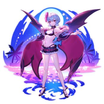 1girl alternate_costume bat_wings bikini black_bikini black_choker black_shoes blue_hair breasts choker cleavage closed_mouth commentary_request flower full_body full_moon game_cg hair_flower hair_ornament high_heels looking_at_viewer moon navel night night_sky o-ring o-ring_bikini official_art pink_flower red_eyes remilia_scarlet shoes short_hair sky small_breasts smile solo stomach swimsuit third-party_source touhou touhou_gensou_eclipse transparent_background u_u_zan wings