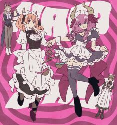 Rule 34 | 2boys, 2girls, alternate costume, apron, aura (sousou no frieren), black dress, black footwear, blue coat, blue eyes, breasts, brown pants, closed mouth, coat, coattails, commentary request, cup, demon boy, demon girl, demon horns, dot mouth, draht (sousou no frieren), dress, enmaided, frills, full body, grey thighhighs, heart, heart hands, highres, holding, holding cup, horns, juliet sleeves, linie (sousou no frieren), long dress, long hair, long sleeves, looking at viewer, lugner (sousou no frieren), maid, maid apron, maid day, maid headdress, medium breasts, multiple boys, multiple girls, pants, pink hair, pouring, puffy short sleeves, puffy sleeves, shoes, short dress, short sleeves, smile, sousou no frieren, takeuchi ryousuke, thighhighs, twintails, weighing scale, white apron