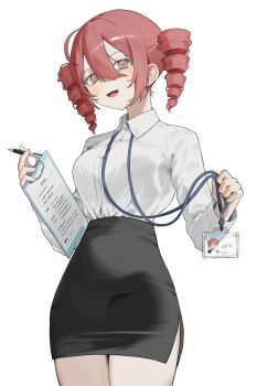 Rule 34 | 1girl, ahoge, alternate costume, black skirt, breasts, center-flap bangs, clipboard, commentary, double-parted bangs, dress shirt, drill hair, hair between eyes, hakai orz, highres, holding, holding clipboard, holding pen, id card, kasane teto, medium breasts, miniskirt, office lady, open mouth, pen, pencil skirt, red eyes, red hair, red trim, shirt, shirt tucked in, short hair, sidelocks, simple background, skirt, solo, twin drills, utau, white background, white shirt