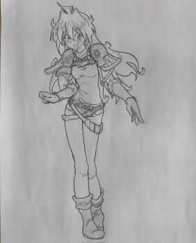 Rule 34 | 1girl, armor, black headband, boots, cape, cosplay, earrings, gloves, graphite (medium), greyscale, hatching (texture), headband, highres, jewelry, lina inverse, lina inverse (cosplay), linear hatching, long hair, looking at viewer, mechanical pencil, mixed media, monochrome, open mouth, pauldrons, pen (medium), pencil, sergent magnom, shoulder armor, sketch, slayers, slayers next, slayers try, smile, solo, sphere earrings, traditional media