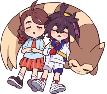 1boy 1brad :3 black_hair blush braid brown_hair chibi chibi_only closed_eyes collared_shirt crossed_bangs furret gen_2_pokemon hair_between_eyes hair_ornament highres jacket juliana_(pokemon) kieran_(pokemon) long_sleeves naranja_academy_school_uniform necktie nintendo parted_lips pokemon pokemon_(creature) pokemon_sv purple_hair school_uniform shirt shoes shorts simple_background sleeping socks white_background