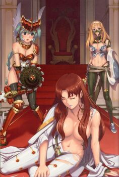 10s 3girls absurdres arm_support armor blonde_hair blue_eyes braid breasts claudette_(queen&#039;s_blade) cleavage closed_eyes female_focus green_hair helmet highres leina_(queen&#039;s_blade) long_hair mirim multiple_girls navel oda_non official_art open_mouth pantyhose queen&#039;s_blade queen&#039;s_blade_rebellion red_hair shield single_braid sitting stairs standing sword thighhighs throne torn_clothes weapon winged_helmet