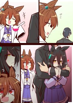 Rule 34 | 1boy, 2girls, agnes tachyon (umamusume), ahoge, animal ears, black hair, chemical structure, ear ornament, ear tag, earrings, hair between eyes, hem peeking out, highres, horse ears, horse girl, horse tail, jewelry, lab coat, long bangs, long hair, long hair between eyes, long sleeves, manhattan cafe (umamusume), multicolored hair, multiple girls, school uniform, shirt, single earring, skirt, tail, tracen school uniform, trainer (umamusume), umamusume, very long hair, white hair, yellow eyes, yonedatomo mizu