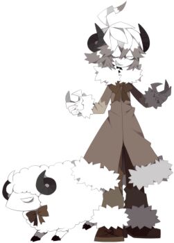 ahoge animal_ears bags_under_eyes boots bow brown_boots brown_coat brown_hair coat colored_skin constricted_pupils eimin_(funamusea) funamusea funamusea_(artist) gloves grin horns long_sleeves multicolored_hair official_art sheep sheep_horns shoes smile white_background white_hair