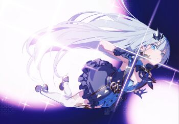 1girl black_gloves black_shoes blue_dress blue_eyes blue_hairband blue_necktie button_dress checkered_clothes checkered_dress checkered_hairband closed_mouth coat_dress commentary_request dress dress_shirt female_tyrant_(stella_sora) full_body gloves grey_hair hair_ornament hairband hashtag-only_commentary highres layered_dress long_hair looking_at_viewer necktie open_clothes pointy_ears ryuuforkaf shirt shoes short_dress sleeveless sleeveless_dress sparkle stella_sora thighhighs tyrant_(stella_sora) very_long_hair white_shirt white_thighhighs