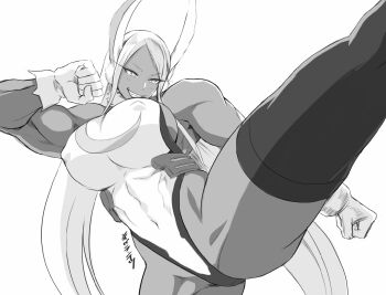 abs animal_ears blush boku_no_hero_academia boots breasts clenched_teeth covered_erect_nipples covered_navel dark-skinned_female dark_skin fur_collar highleg highleg_leotard large_breasts leg_up leotard long_eyelashes long_hair mirko muscular muscular_female rabbit_ears rabbit_girl shibusun signature simple_background standing superhero_costume teeth thigh_boots very_long_hair
