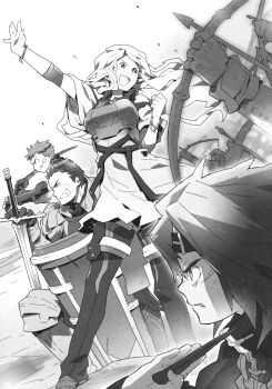 Rule 34 | :d, arm up, armor, arrow (projectile), boots, bow (weapon), bracelet, breastplate, clenched teeth, dress, earrings, floating hair, full armor, greyscale, grin, hara kazuhiro, headband, highres, holding, holding arrow, holding bow (weapon), holding shield, holding sword, holding weapon, jewelry, katana, log horizon, long hair, looking back, marielle (log horizon), monochrome, naotsugu (log horizon), novel illustration, official art, open mouth, shield, short dress, short hair, shoulder armor, shouryuu (log horizon), smile, pauldrons, standing, sword, teeth, thigh boots, thighhighs, touya (log horizon), very long hair, very short hair, weapon