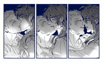 2boys bara blush cid_highwind couple eye_contact facial_hair final_fantasy final_fantasy_vii french_kiss hand_on_another's_chest headband highres kiss long_hair looking_at_another male_focus mature_male multiple_boys muscular muscular_male peonrin saliva saliva_trail sequential short_hair sideburns smile stubble tongue tongue_out vincent_valentine yaoi