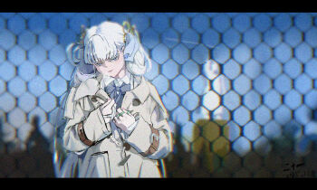 1girl 37sanshiqi alternate_costume bow bowtie breath closed_mouth colored_eyelashes commentary film_grain grey_bow grey_bowtie grey_jacket hair_rings hands_up heavy_film_grain highres jacket jinhsi_(wuthering_waves) letterboxed long_hair looking_at_viewer solo upper_body white_eyelashes white_eyes white_hair wuthering_waves