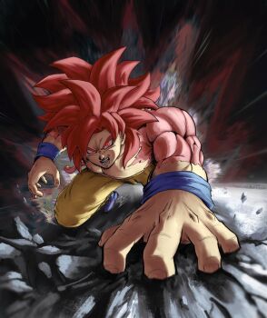 1boy blue_boots body_fur boots dragon_ball dragon_ball_daima full_body glowing glowing_eyes highres long_hair male_focus muscular muscular_male open_mouth orange_pants pants red_eyes red_fur red_hair solo son_goku spiked_hair super_saiyan super_saiyan_4 sydoria topless_male