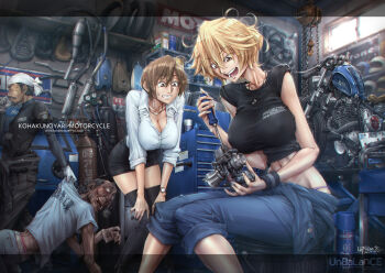 2boys 2girls age_difference aizawa_asahi_(unbalance) blonde_hair blush breasts brown_eyes brown_hair bulge covered_erect_nipples crop_top erection erection_under_clothes g-string garage highres indoors jewelry large_breasts lita_(unbalance) logo mechanic miniskirt motor_vehicle motorcycle multiple_boys multiple_girls navel necklace nervous_smile old old_man open_mouth original peeking shirt short_hair skirt smile sweat sweatdrop thighhighs thong tied_shirt tomboy unbalance underwear watermark workshop