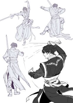 1boy black_hair chinese_clothes cowboy_shot fighting_stance full_body greyscale hair_between_eyes highres holding holding_behind_back holding_sword holding_weapon holding_weapon_behind_back jian_(weapon) kung_fu lunging male_focus monochrome multiple_views nini_tw99 outstretched_arm shin_sangoku_musou shin_sangoku_musou_origins short_hair sketch solo standing standing_on_one_leg sword tai_chi weapon white_background wuxia ziluan_(shin_sangoku_musou)