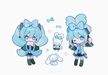 1girl ;3 bare_shoulders black_boots black_skirt black_sleeves blue_bow blue_hair blue_necktie blush_stickers boots bow chibi chibi_only cinnamiku cinnamoroll closed_mouth collared_shirt commentary detached_sleeves double-parted_bangs full_body fuwa_fuwa_cinnamoroll grey_shirt hair_between_eyes hair_bow hatsune_miku headphones highres kanae_(cookie) long_hair long_sleeves looking_at_viewer miniskirt multiple_views necktie one_eye_closed pleated_skirt sanrio shirt simple_background skirt sleeveless sleeveless_shirt smile standing symbol-only_commentary thigh_boots twintails twitter_username updo vocaloid white_background