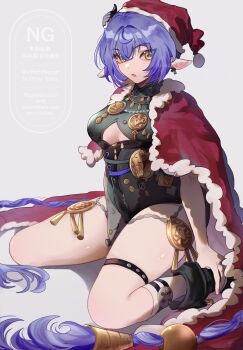 1girl :o animal_ears black_shoes blue_hair braid breasts cape commentary_request goat_ears goat_girl goat_horns grey_background hair_between_eyes hat highres horizontal_pupils horns kneehighs long_hair looking_at_viewer lucia_elowen open_mouth red_cape santa_hat shoes simple_background socks solo underboob usagiii_e white_socks zenless_zone_zero