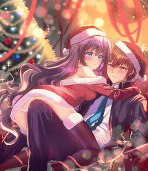 1boy 1girl a-chan_(little_busters!) absurdres accident accidental_pervert all_fours alternate_costume ass averting_eyes black_jacket black_pants black_thighhighs blazer blue_eyes blue_necktie blurry blurry_background blush breast_press brown_hair christmas christmas_ornaments christmas_tree closed_mouth commentary_request convenient_leg couple dress embarrassed eyelashes feet_out_of_frame floral_print floral_print_panties frown fur-trimmed_dress fur-trimmed_headwear fur-trimmed_thighhighs fur_trim girl_on_top hair_between_eyes hat hetero highres hug indoors jacket knee_up lace lace-trimmed_panties lace_trim little_busters! little_busters!_school_uniform long_hair long_ribbon long_sleeves looking_at_another looking_to_the_side lying miiizuno_lbs natsume_kyousuke necktie off-shoulder_dress off_shoulder on_back open_clothes open_jacket panties pants pantyshot parted_lips print_panties purple_hair red_dress red_eyes red_hat red_ribbon ribbon santa_costume santa_dress santa_hat school_uniform shirt short_dress short_hair single_bare_shoulder sparkle sweat tareme thighhighs tsurime underwear upturned_eyes very_long_hair wavy_hair white_panties white_shirt