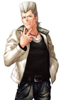 1boy belt blue_eyes flattop fur_collar grey_hair highres jacket jean_pierre_polnareff jewelry jojo_no_kimyou_na_bouken kotatsu_(g-rough) male_focus necklace solo