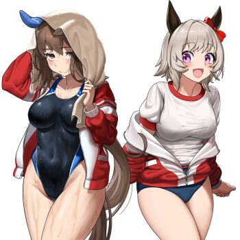 2girls admire_vega_(umamusume) animal_ears black_one-piece_swimsuit blue_buruma blush bow bra_visible_through_clothes breasts brown_eyes brown_hair brown_tail buruma closed_mouth collarbone commentary_request competition_swimsuit covered_navel cowboy_shot curren_chan_(umamusume) ear_bow ear_covers grey_hair highleg highleg_one-piece_swimsuit highres holding holding_towel horse_ears horse_girl horse_tail jacket large_breasts long_hair looking_at_viewer mitsumi_neguchi multiple_girls off_shoulder one-piece_swimsuit open_clothes open_jacket open_mouth puffy_short_sleeves puffy_sleeves purple_eyes red_bow red_jacket shirt short_hair short_sleeves simple_background single_ear_cover swimsuit tail thighs towel towel_on_head track_jacket umamusume wet white_background white_shirt