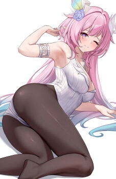 1girl alternate_costume arm_support armlet armpits ass bare_shoulders black_pantyhose blush breasts closed_mouth collarbone commentary cyrene_(honkai:_star_rail) cyrene_(ripples_of_past_reverie)_(honkai:_star_rail) diamond-shaped_pupils diamond_(shape) flower gradient_hair hair_flower hair_ornament hand_up highres honkai:_star_rail honkai_(series) jewelry large_breasts leotard long_hair looking_at_viewer lunacle lying multicolored_hair no_shoes on_side one_eye_closed paid_reward_available pantyhose pink_hair pointy_ears purple_eyes purple_flower purple_rose rose simple_background smile solo sweat sweatdrop symbol-only_commentary symbol-shaped_pupils very_long_hair white_background white_leotard