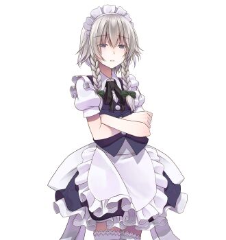 Rule 34 | 1girl, apron, black ribbon, blue eyes, blue skirt, blue vest, bow, braid, buttons, commentary request, cowboy shot, crossed arms, crote, frilled apron, frills, furrowed brow, green bow, grey hair, hair between eyes, hair bow, highres, izayoi sakuya, large variant set, maid, maid apron, maid headdress, neck ribbon, parted lips, petticoat, puffy short sleeves, puffy sleeves, ribbon, shirt, short hair, short sleeves, skirt, sleeve cuffs, solo, squinting, standing, thighhighs, touhou, transparent background, twin braids, variant set, vest, white apron, white headdress, white shirt, white thighhighs