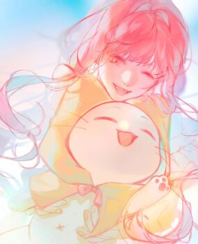 Rule 34 | 1girl, animal, blue sky, bow, bowtie, brown eyes, cat, chin rest, cloak, clothed animal, day, ear covers, eyelashes, floating hair, happy, head on head, head rest, highres, hood, hood up, hooded cloak, infinity nikki, long hair, lower teeth only, momo (nikki), nikki (nikki), nikki (series), one eye closed, open mouth, outdoors, pawpads, pink hair, procreate (medium), red bow, red bowtie, sky, smile, tang657705534, teeth, textless version, traditional bowtie, upper body, very long hair, wavy hair, whiskers, white cat, yellow cloak