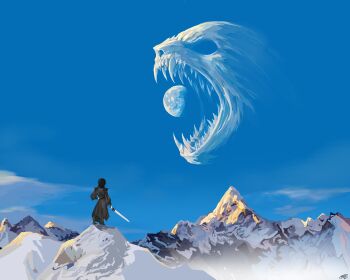 1boy birdofthesevenseas black_hair black_robe black_tunic commentary english_commentary full_body highres holding holding_sword holding_weapon imminent_bite moon mountainous_horizon mountaintop robe shadow_slave shaped_cloud short_hair skull standing sunny_(shadow_slave) sword tunic weapon wide_shot