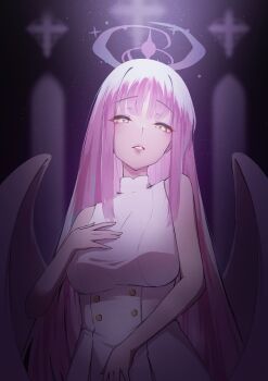 1girl black_background blue_archive colored_inner_hair commentary_request cross dress halo hand_on_own_chest highres lipgloss looking_at_viewer low_wings mika_(blue_archive) multicolored_hair open_mouth pidoshin pink_hair pink_halo sleeveless sleeveless_dress solo straight_hair upper_body white_dress wings yellow_eyes