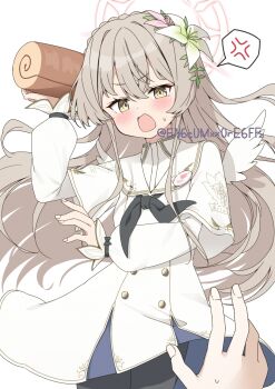 1girl 1other aged_down angel_wings anger_vein badge black_neckerchief black_pantyhose blue_archive bluesky_username blush braid brown_hair button_badge buttons cake capelet child commentary cowboy_shot crossed_bangs crown_braid d: double-breasted dress fingernails flower food furrowed_brow gold_buttons gold_trim hair_between_eyes hair_flower hair_ornament halo hand_up highres holding holding_food legs_together long_hair long_sleeves looking_at_viewer mini_wings nagisa_(blue_archive) neckerchief open_mouth pantyhose pink_flower pink_halo pleated_dress pov pov_hands puffy_long_sleeves puffy_sleeves sailor_collar simple_background speech_bubble spoken_anger_vein standing straight_hair sweatdrop swiss_roll very_long_hair white_background white_capelet white_dress white_flower white_wings wings yamano_rokamizu yellow_eyes