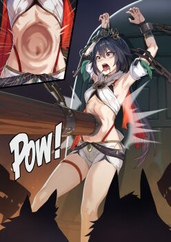 1girl armpits bell black_bra black_hair blood blood_from_mouth bra chain chained constricted_pupils crying crying_with_eyes_open cuffs highres honkai:_star_rail honkai_(series) long_hair midriff open_mouth punching restrained ryona shackles shorts sound_effects stomach_punch strapless tears tiara tube_top underwear white_shorts yan_(situyan0303) yunli_(honkai:_star_rail)