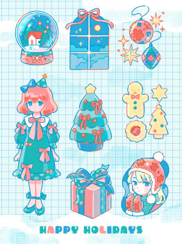 2girls :o absurdres blonde_hair blue_background blue_eyes blush bow christmas christmas_ornaments christmas_tree commentary cookie dress food full_body gift gingerbread_man green_dress green_scarf green_shoes grid_background happy_holidays hat highres hiro046k mittens multiple_girls original party_hat pom_pom_(clothes) red_bow red_hair red_ribbon ribbon scarf shoes short_hair simple_background snow_globe sparkle striped_clothes striped_scarf window