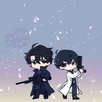 2boys ahoge black_coat black_hair black_shirt coat collared_shirt commentary double-parted_bangs full_body gun hair_between_eyes handgun highres holding holding_gun holding_weapon huge_weapon kim_dokja kimidori_22 looking_at_another looking_back male_focus multiple_boys omniscient_reader&#039;s_viewpoint open_clothes open_coat popped_collar rifle shirt short_hair sniper_rifle symbol-only_commentary weapon white_coat yoo_joonghyuk